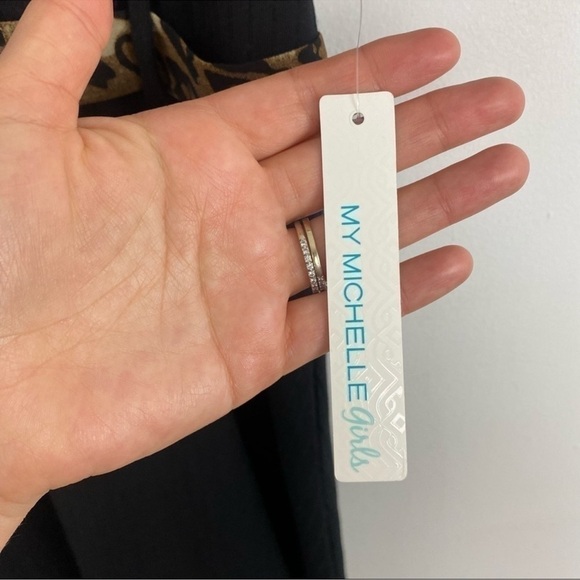 My Michelle Girls Black Ribbed Leopard Print Short Puff Sleeve Dress Sz 14 NEW - Picture 9 of 9